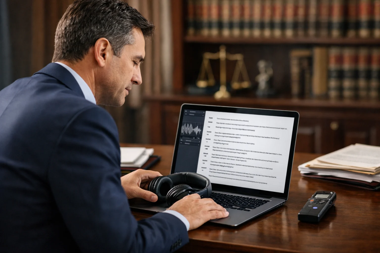 Attorney reviewing an audio recording transcript on a laptop